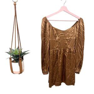 NWT Altar'd State Toffee Brown Long Sleeve Satin Mini Dress Size XS